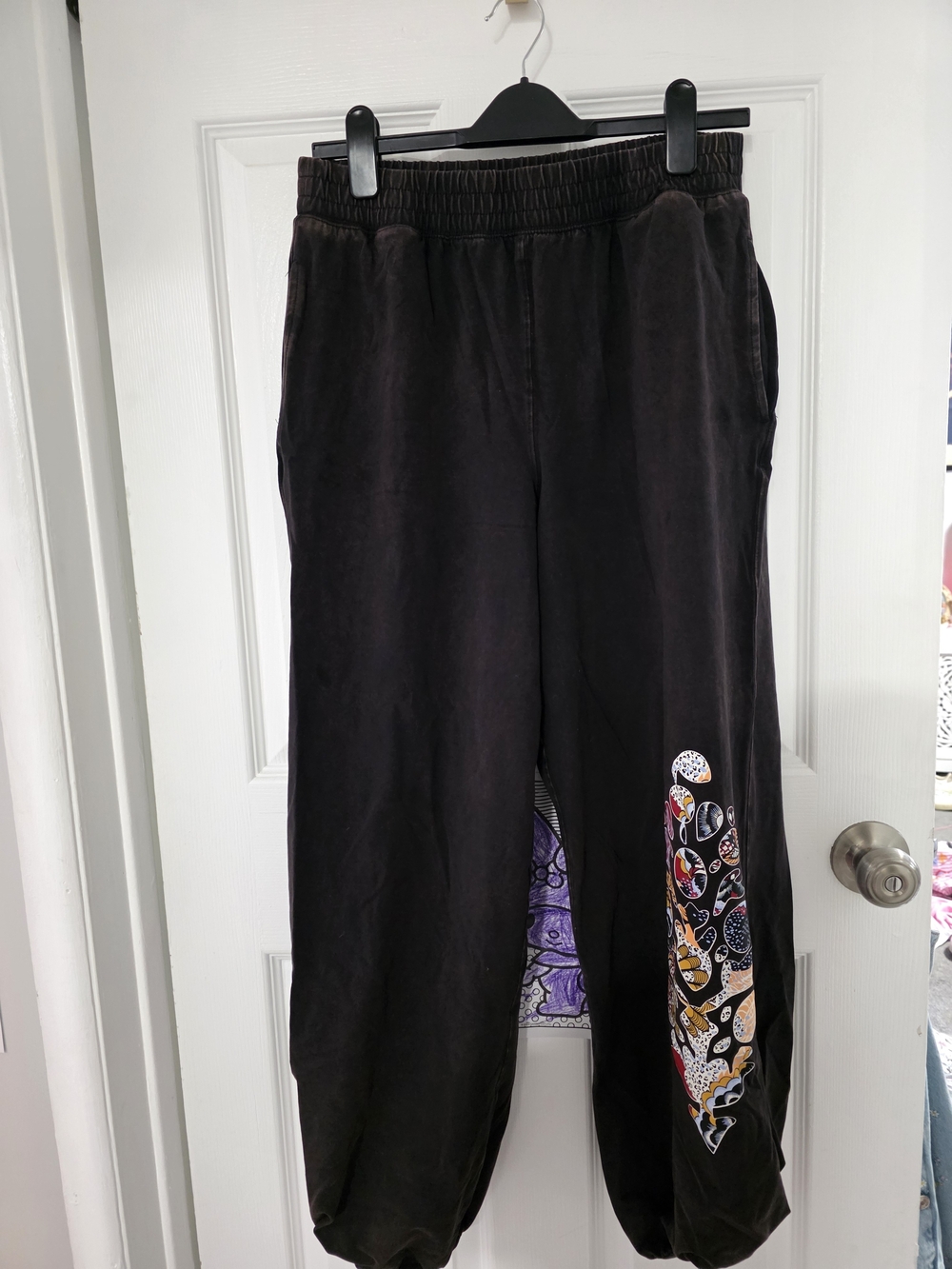 Free People Black Sweatpants with Colorful Paisley Leg Accent